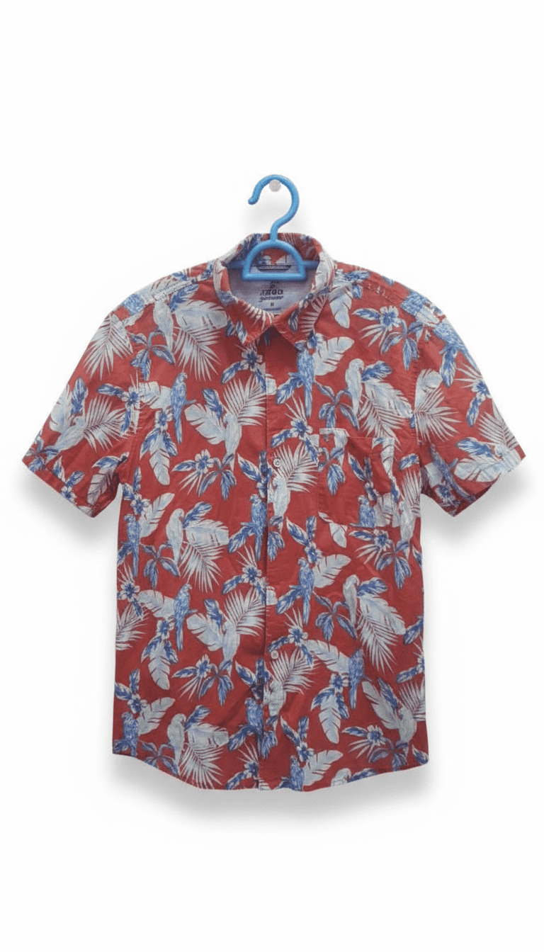 IZOD Men's Red Tropical Parrot Print Short Sleeve Shirt - Image 1